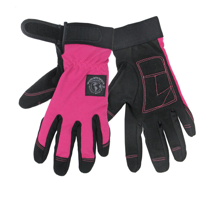 Womansworks All-Purpose Gardening and Heavy-Duty Chores Gloves have pink fabric on top, durable black palms and fingers, adjustable wrist straps, visible stitching, and a small logo on the top.