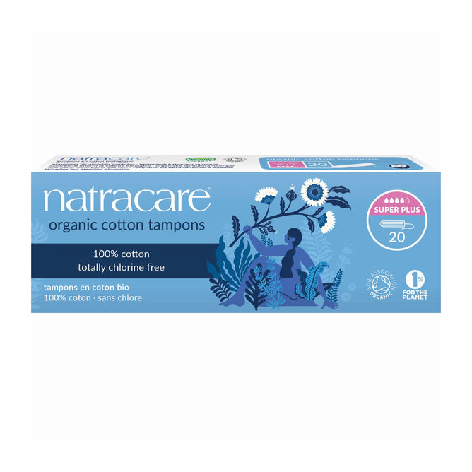 Natracare Non Applicator Super Plus Tampons come in a box of 20 with blue, floral packaging that highlights 100% organic cotton and a totally chlorine-free formula.