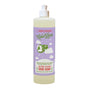 A bottle of Rebel Green Ultra Clean Dish Soap features a lavender and grapefruit scent from essential oils, with a purple label showing white clouds, a green earth graphic, and product details in green and orange text.