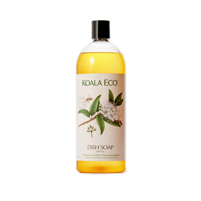 A clear plastic bottle of Koala Eco Dish Soap Refill with a black cap, featuring a botanical label and the text "Koala Eco, Dish Soap Refill.