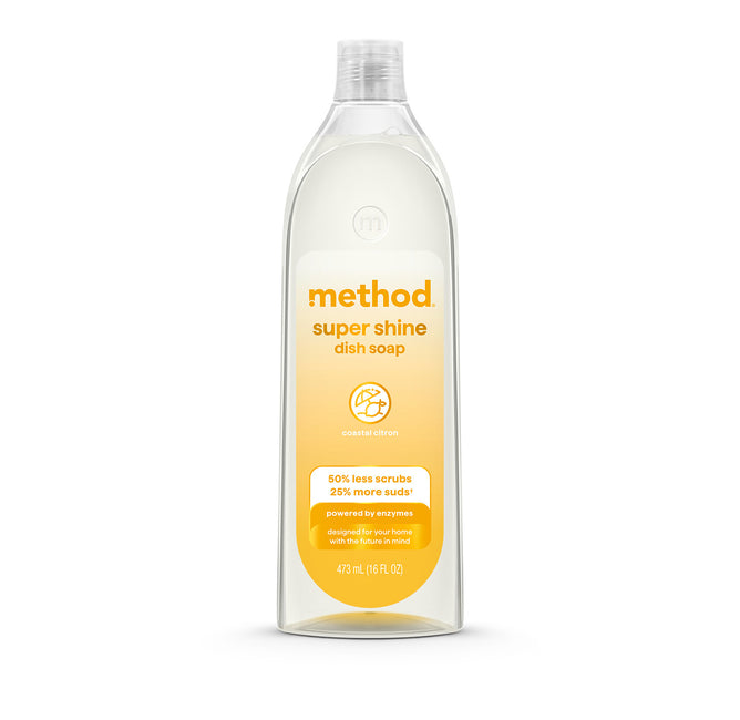 A clear 473 mL (16 fl oz) bottle of method Super Shine Dish Soap in coastal lemon scent features a white and yellow label, cleans with 25% more suds, 50% less scrubbing needed, and a cruelty-free, eco-friendly formula.