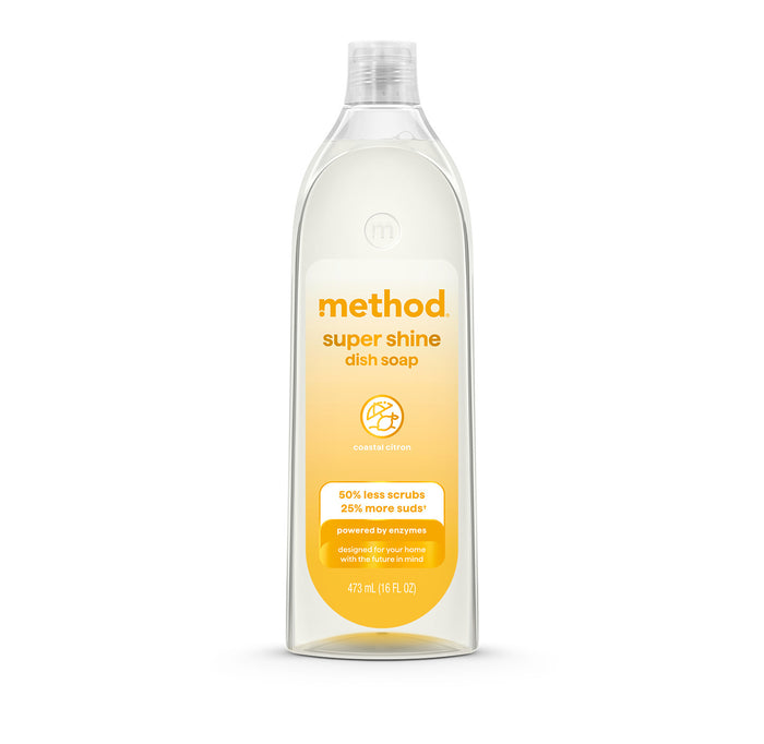 A clear 473 mL (16 fl oz) bottle of method Super Shine Dish Soap in coastal lemon scent features a white and yellow label, cleans with 25% more suds, 50% less scrubbing needed, and a cruelty-free, eco-friendly formula.