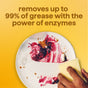 A hand with a yellow sponge wipes a dirty plate clean with soap suds. Text reads: “method Super Shine Dish Soap removes up to 99% of grease with the natural power of enzymes—an eco-friendly cleaning solution” on a yellow background.