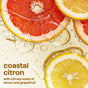 Close-up of grapefruit and lemon slices floating on bubbly liquid. Text in the corner reads: method Super Shine Dish Soap—coastal citron scent with notes of lemon and grapefruit, an eco-friendly cleaning solution.