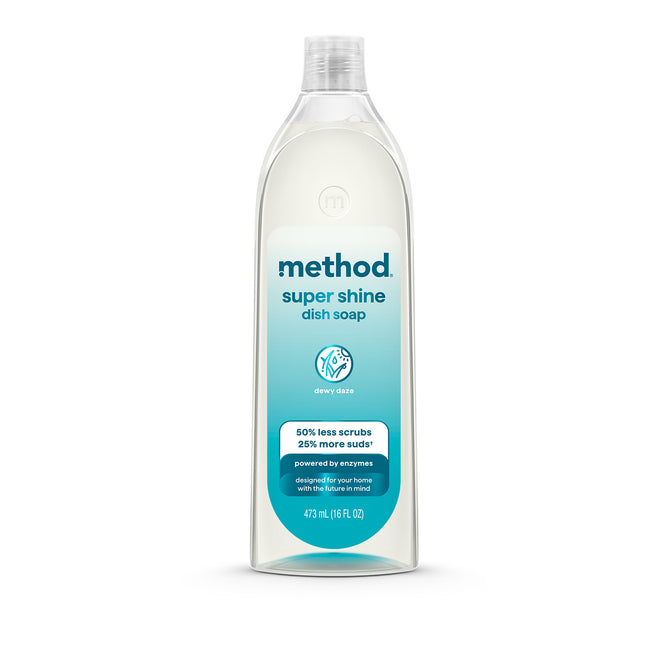 A 473 mL (16 fl. oz) clear bottle of method Super Shine Dish Soap features a blue-to-white gradient label, dewy daze scent, and eco-friendly cleaning benefits.