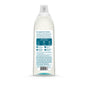 A clear plastic bottle with a white cap, shown from the back. The label for method Super Shine Dish Soap features text, icons, and ingredients on a white and teal background for this eco-friendly cleaning product.