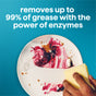 A hand wipes grease and food stains off a plate with Super Shine Dish Soap by method, revealing a clean section. Text above reads, removes up to 99% of grease with enzyme power. Features an eco-friendly product on teal background.