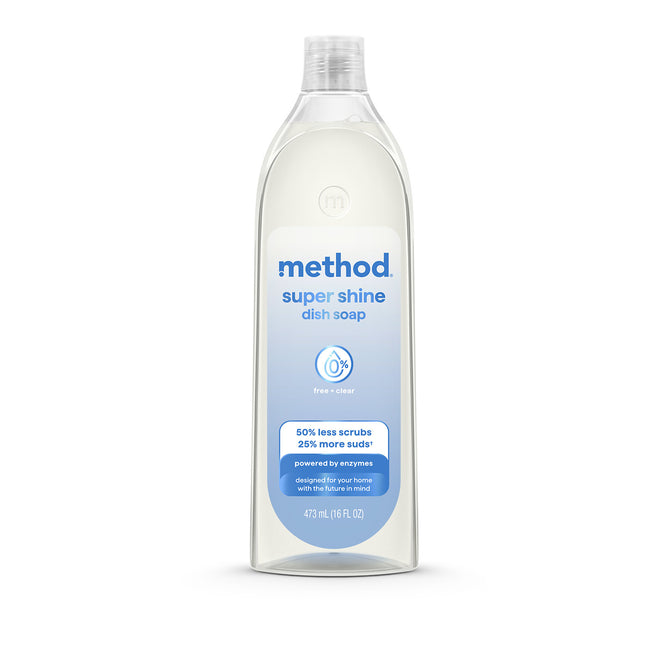 A 16 fl oz (473 mL) clear plastic bottle of method Super Shine Dish Soap features a blue and white label, is cruelty-free, powered by enzymes for less scrubbing and more suds.
