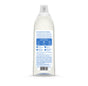 Back view of a recycled plastic bottle of method Super Shine Dish Soap with a blue and white label showing product info, usage directions, ingredients, and a barcode at the bottom. The bottle holds clear, cruelty-free cleaning liquid.