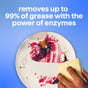 A hand holding a yellow sponge cleans a white plate with food stains and soap suds. Text above reads: method Super Shine Dish Soap removes up to 99% of grease with the power of enzyme cleaner on a blue background.