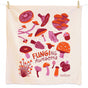 The Neighborgoods Dish Towel Set of 2 - Fall Feast includes a cream cotton towel with colorful mushrooms and the phrase Funging Awesome—a playful touch to your kitchen décor.