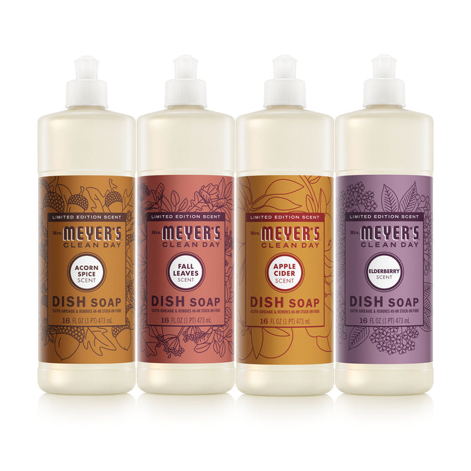 The Mrs. Meyer's Fall Dish Soap Collection includes four bottles with nature-themed labels and clear push-top caps in limited edition scents: Acorn Spice, Fall Leaves, Apple Cider, and Elderberry.
