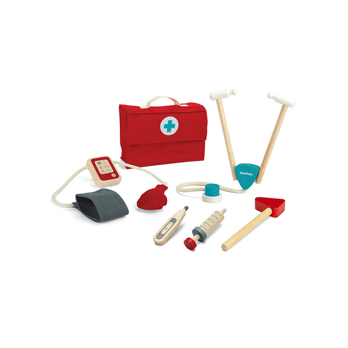 The PlanToys Wooden Pretend Play Doctor Set for Kids features a red doctors bag with a white cross, plus stethoscope, syringe, thermometer, reflex hammer, blood pressure cuff, and medicine bottles for inspiring role play.