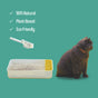 A dark brown cat with an orange collar sits beside a Dofu Cat Upcycled Cereal Litter bag and scoop. Text on green reads: 100% Natural, Plant-Based, Eco-Friendly, Superior Odor Control. 1 bag lasts up to 4 weeks.