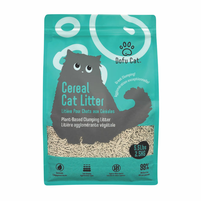 A teal bag of Dofu Cat Upcycled Cereal Litter features a cartoon black cat, English and French details, a clear window showing plant-based pellets, and weighs 5.5 lbs (2.5 kg). One bag lasts up to 4 weeks.