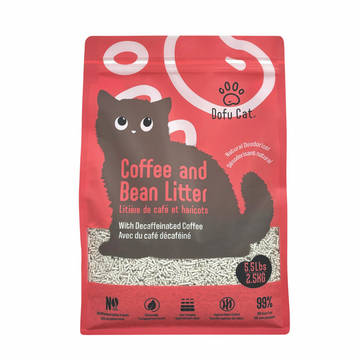 A red and pink bag of Dofu Cat Upcycled Coffee and Bean Litter with a black cat. Made from decaffeinated coffee, it naturally deodorizes, controls odor, lasts up to 4 weeks per bag, and weighs 5.5 lbs.