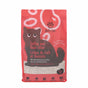 A pink and red Dofu Cat Upcycled Coffee and Bean Litter bag features a black cartoon cat, natural odor-control, tofu-based formula, decaffeinated coffee, and a window showing the litter. One bag lasts up to 4 weeks.