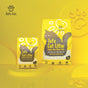 Two yellow bags of Dofu Cat Upcycled Tofu Cat Litter, each lasting up to 4 weeks, are displayed on yellow platforms with a cute black cat illustration. The packaging notes its natural, multi-cat friendly, and 99% dust-free.