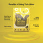 A bag of Dofu Cat Upcycled Tofu Cat Litter stands on a yellow podium. Text highlights it lasts up to 4 weeks, is dust-free, low tracking, highly absorbent, and offers great odor control. The background is yellow with black text.