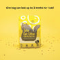 A yellow bag of Dofu Cat Upcycled Tofu Cat Litter sits on a yellow background with scattered pellets. Text above says, One bag lasts up to 4 weeks for 1 cat!.