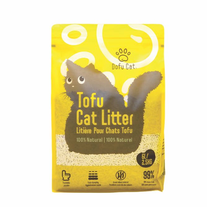 A yellow bag of Dofu Cat Upcycled Tofu Cat Litter, featuring a black cat illustration, 100% natural material, 6L/2.5kg size, flushable and quick-clumping icons; one bag lasts up to 4 weeks.