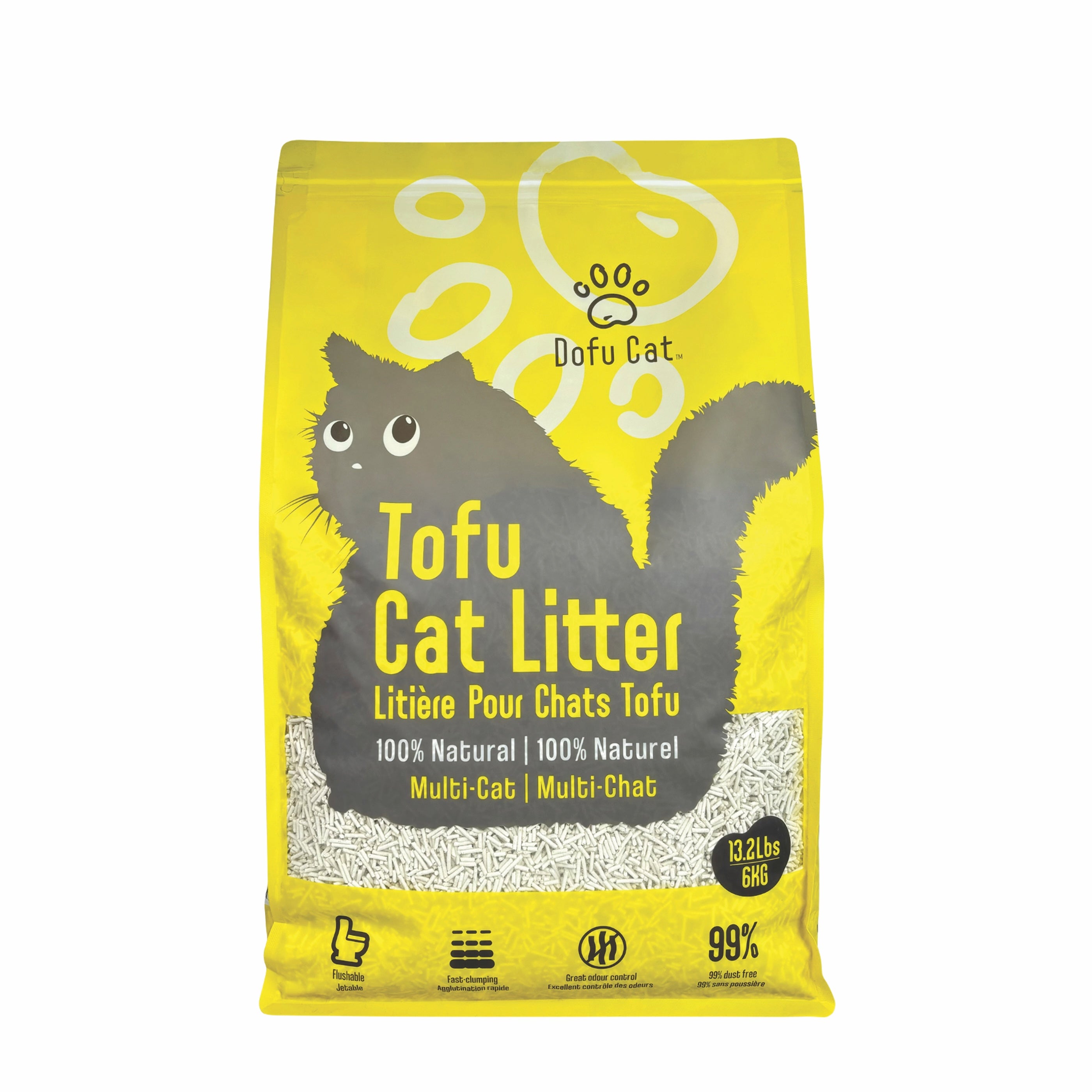 A yellow bag of Dofu Cat Upcycled Tofu Cat Litter with a black cat illustration. One bag (13.2 lbs/6 kg) lasts up to 4 weeks, offers natural odor control, and is ideal for multi-cat households.