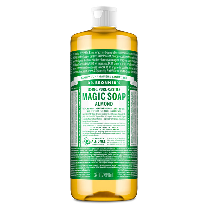 A 32oz bottle of Dr. Bronner’s Pure-Castile Liquid Soap features an almond scent, clear bottle with a white cap, amber liquid, and a green, white, and yellow label full of text. This vegan soap from Dr. Bronners is gentle and versatile.
