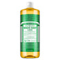 A 32oz bottle of Dr. Bronner’s Pure-Castile Liquid Soap features an almond scent, clear bottle with a white cap, amber liquid, and a green, white, and yellow label full of text. This vegan soap from Dr. Bronners is gentle and versatile.