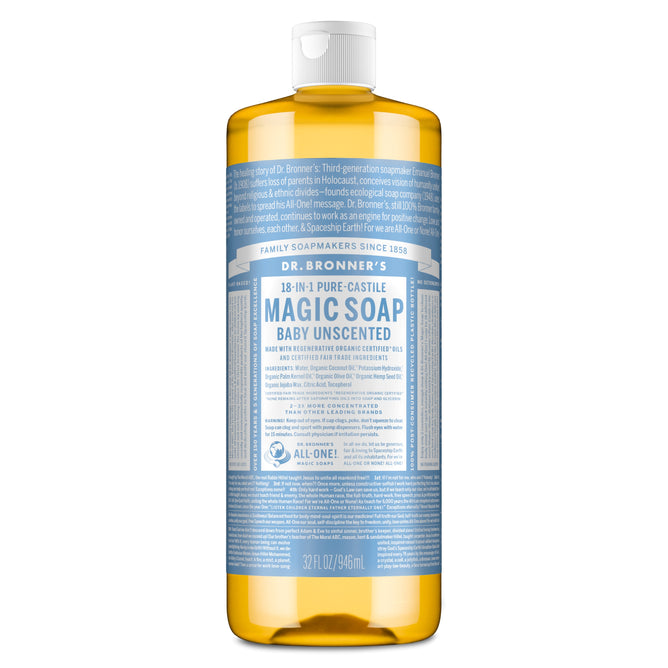 A bottle of Dr. Bronners Pure-Castile Liquid Soap in Baby Unscented, featuring clear yellow liquid, a white cap, and blue-and-white label with dense text—a gentle vegan soap option.