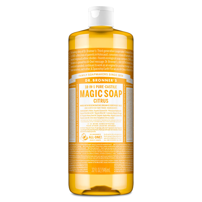 Dr. Bronners Pure-Castile Liquid Soap, Citrus scent, 32oz bottle with white cap and yellow-orange liquid. Made with natural ingredients, its label details the many uses and benefits of this versatile soap.