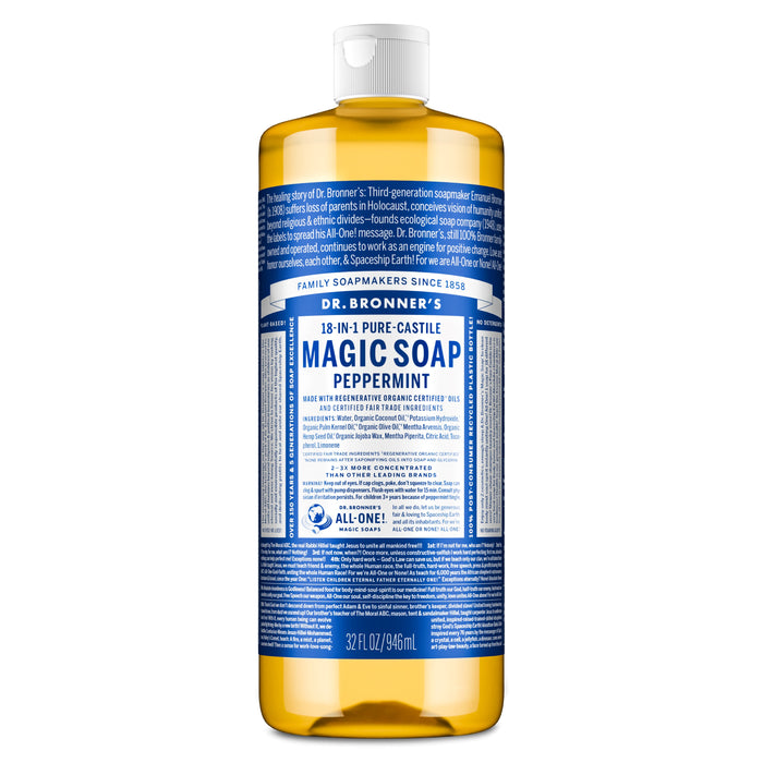A 32-oz bottle of Dr. Bronners Pure-Castile Liquid Soap features a blue and white label, white cap, and golden liquid—this vegan soap is renowned for its many uses.