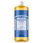 A 32-oz bottle of Dr. Bronners Pure-Castile Liquid Soap features a blue and white label, white cap, and golden liquid—this vegan soap is renowned for its many uses.