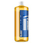 A large, clear plastic bottle of Dr. Bronner’s Pure-Castile Liquid Soap with amber liquid and a white cap. The label has blue and white text listing vegan benefits, certifications, ingredients, barcode, and castile soap uses.