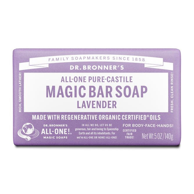 Dr. Bronners Pure-Castile Bar Soap in Lavender is made with organic oils, including hemp seed oil, and is ideal for face and hands. Each bar weighs 5 oz (140 g).