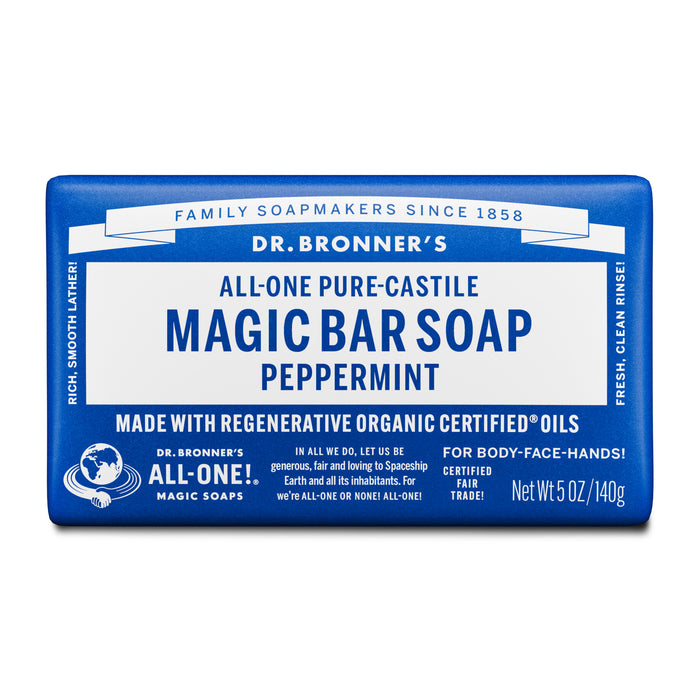 Dr. Bronner’s Pure-Castile Bar Soap, 5 oz, features peppermint scent, organic oils including hemp seed oil, and showcases family soapmaking traditions since 1858. The packaging comes in a blue and white label.
