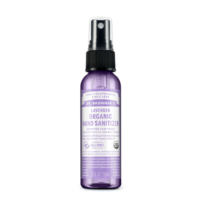 A 2 fl oz bottle of Dr. Bronner’s Organic Hand Sanitizer Spray features a black spray cap and purple label with product details and branding on the front.