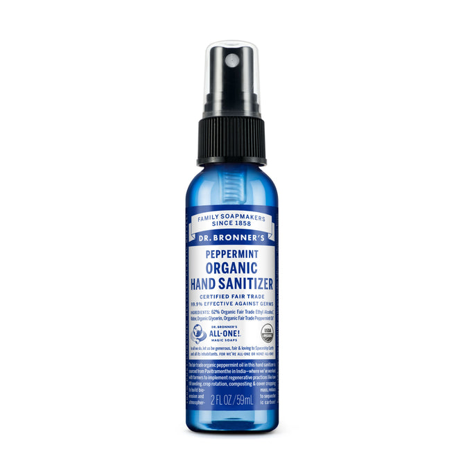 A 2 fl oz blue spray bottle of Dr. Bronners Organic Hand Sanitizer Spray with a black pump top and white-blue label—perfect for on-the-go freshness.