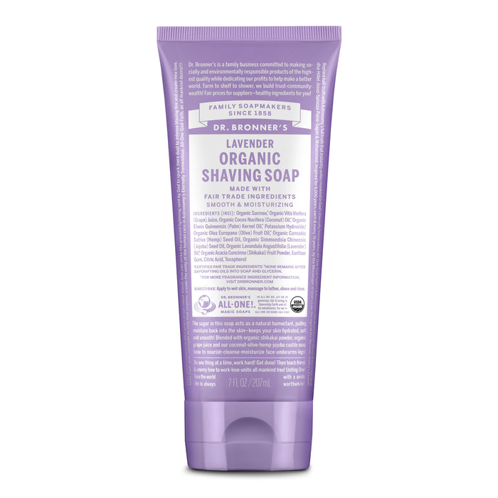 Dr. Bronner’s Organic Shaving Soap, 7 fl oz (207 mL), features a purple label and is made with organic, fair trade ingredients and pure castile soap for a gentle, moisturizing shave.