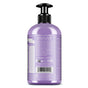 A bottle of Dr. Bronner’s Organic Sugar Soap with a black pump, purple label, and white text highlights its cruelty-free, multi-use formula for face, body, and hair and notes responsible packaging near the barcode.