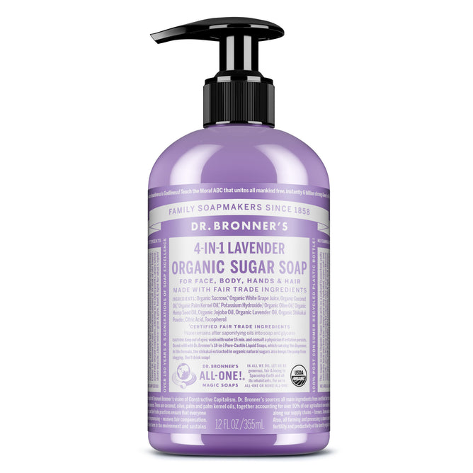 Dr. Bronners Organic Sugar Soap comes in a pump bottle with a purple and white label, featuring cruelty-free, fair trade ingredients and responsible packaging. Versatile for face, body, hands, and hair use.