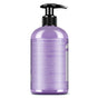 A lavender pump bottle of Dr. Bronners Organic Sugar Soap features white text highlighting natural oils, skin and environmental benefits, and cruelty-free, responsible packaging. The bottle includes a black pump.