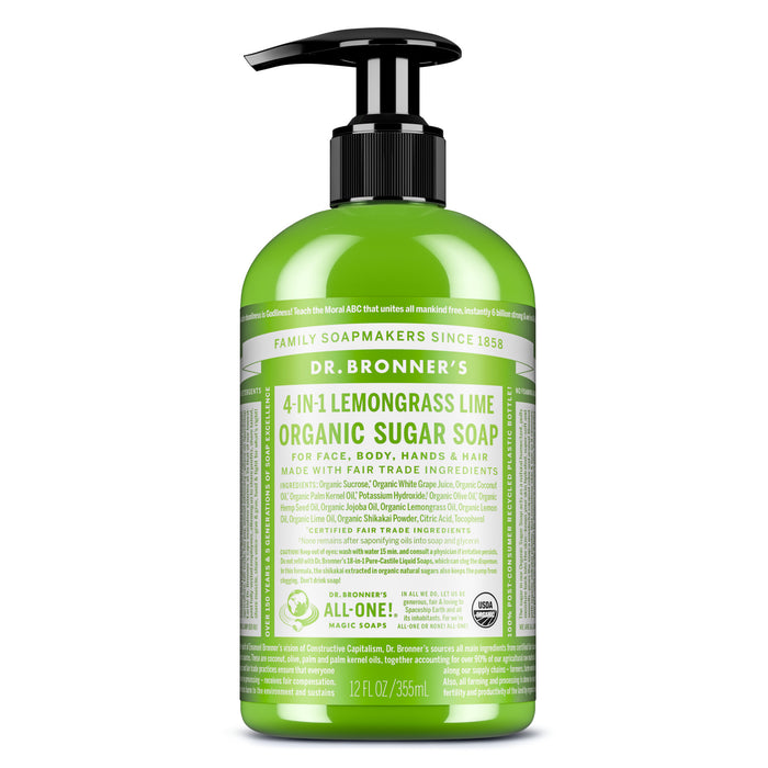 A 12 fl oz (355 mL) green bottle of Dr. Bronner’s Organic Sugar Soap with lemongrass lime scent and a black pump. Cruelty-free, responsibly packaged, with product details and ingredients on the label.