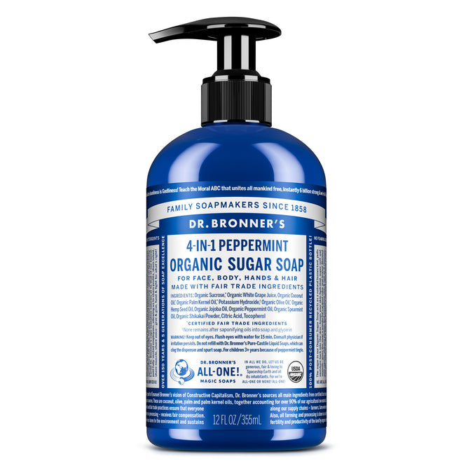 A blue pump bottle of Dr. Bronners Organic Sugar Soap features white and blue labeling. This vegan, cruelty-free soap cleanses face, body, hands, and hair gently yet effectively.