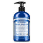 A blue pump bottle of Dr. Bronners Organic Sugar Soap features white and blue labeling. This vegan, cruelty-free soap cleanses face, body, hands, and hair gently yet effectively.