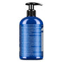A blue Dr. Bronners Organic Sugar Soap bottle with a black pump, detailed ingredients and info on the back label, responsible packaging, and a cruelty-free mark.