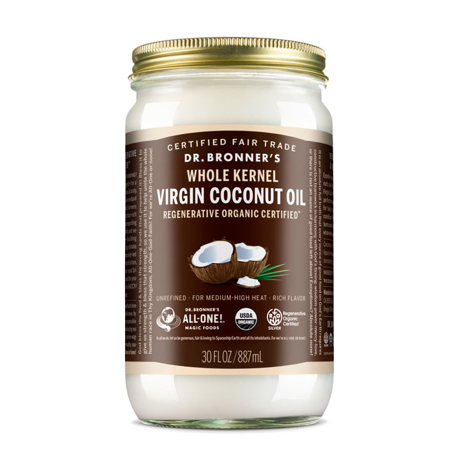 Dr. Bronner’s Whole Kernel Virgin Coconut Oil is Regenerative Organic certified, sustainably sourced from Sri Lanka, and comes in a 30 fl oz (887 mL) jar with a brown label featuring coconut halves and certification logos.