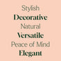 Text on a peach background reads: Stylish, Decorative, Natural, Versatile, Peace of Mind, Elegant—with select words bolded for emphasis. Gentle ambient light and the calming aroma from the Plant Therapy Drift Linen Diffuser work together to create a comforting and sophisticated atmosphere.