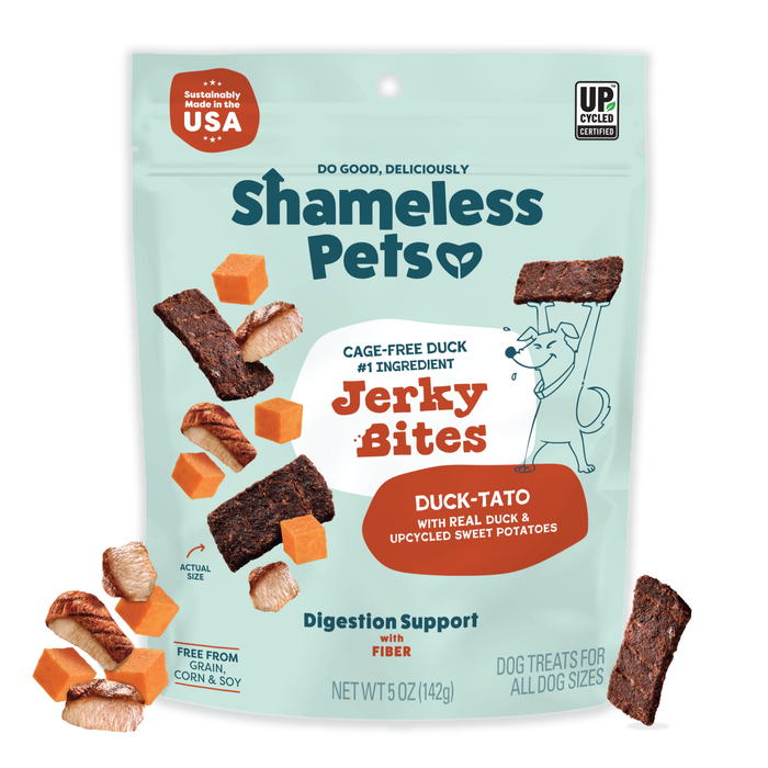 Shameless Pets Duck-Tato Bite Sized Jerky Dog Treats are made with real duck and upcycled sweet potatoes. The package shows a dog, jerky bites, and sweet potato chunks, highlighting these natural treats.