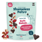 A bag of Shameless Pets Duck Duck Beet Soft-Baked Dog Treats in a light blue package with a dog and heart-shaped, grain-free treats made with real duck and upcycled beets, supporting digestion with natural ingredients.