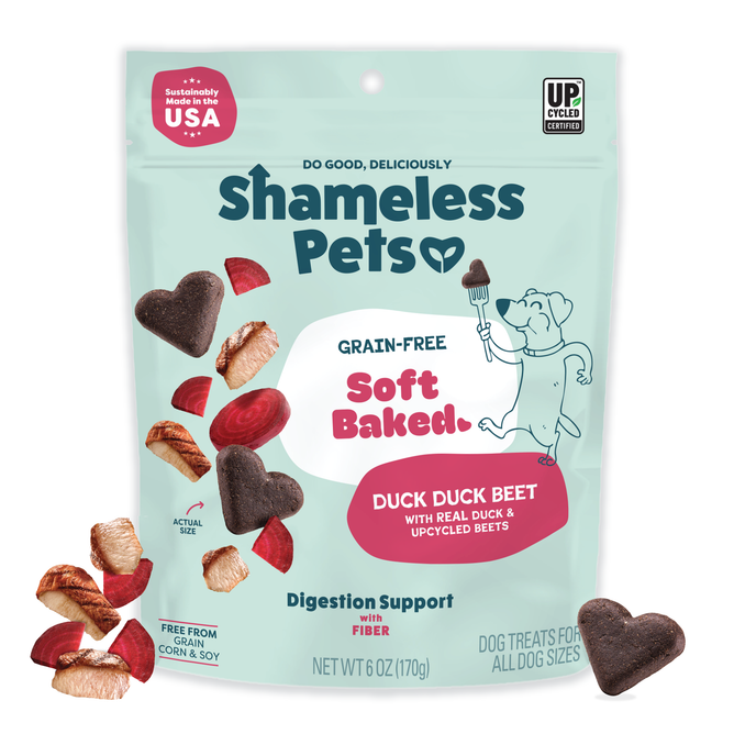 A bag of Shameless Pets Duck Duck Beet Soft-Baked Dog Treats, featuring heart-shaped, upcycled treats made with real duck and beets, naturally supporting digestion with fiber.